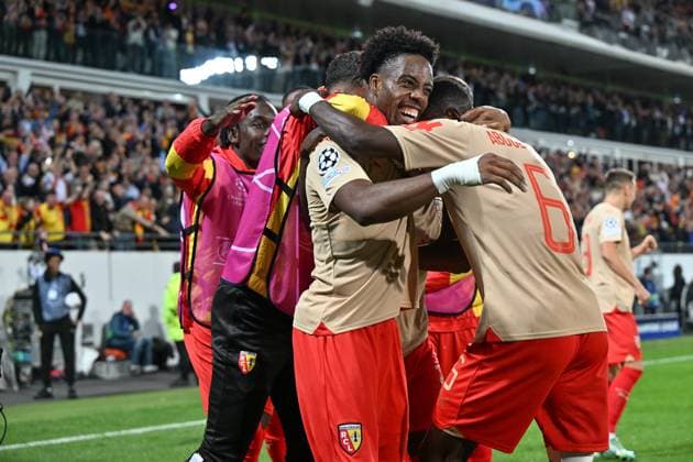 231003 RC Lens vs Arsenal Elye Wahi (9) of RC Lens celebrates after scoring the 2-1 goal during the Uefa Champions League matchday 2 game in group B in the 2023-2024 season between Racing Club de Lens and Arsenal FC on October 3 , 2023 in Lens, France. (Photo by David Catry Isosport) LENS FRANCE  Copyright: xx 408618