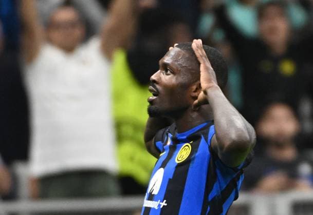 October 3, 2023, Milan, Italy: Inter Milan forward Marcus Thuram celebrates after scoring during the Group D Uefa Champions League soccer match between Inter Milan and Benfica at the Giuseppe Meazza Stadium, Milan, Italy, 3 October 2023. ANSA DANIEL DAL ZENNARO ITALY UEFA CHAMPIONS LEAGUE  - ZUMAa110 20231003_zaf_a110_048 Copyright: xDanielxDalxZennarox