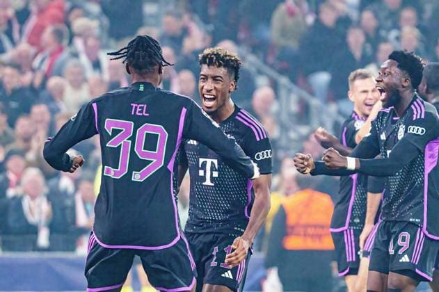 Goal celebration Mathys Tel FC Bayern Muenchen, 39 , Kingsley Coman FC Bayern Muenchen, 11 after goal to 1 2 Mathys Tel FC Bayern Muenchen, 39 DEN, FC Copenhagen vs FC Bayern Muenchen, Football, Champions League, Group A, Matchday 2, Season 2023 2024, 03 10 2023 DEN, FC Copenhagen vs FC Bayern Muenchen, Football, Champions League, Group A, Matchday 2, Season 2023 2024, 03 10 2023 Copenhagen. Copyright: xEibner-Pressefoto MarcelxvonxFehrnx EP_MFN