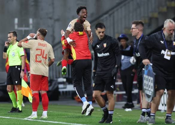 Lens, France, 3rd October 2023. Elye Wahi of RC Lens celebrates after scoring to make it 2-1 during the UEFA Champions League match at the Estadio Bollaert Delelis, Lens. Picture credit should read: David Klein Sportimage EDITORIAL USE ONLY. No use with unauthorised audio, video, data, fixture lists, club league logos or live services. Online in-match use limited to 120 images, no video emulation. No use in betting, games or single club league player publications. SPI-2623-0070