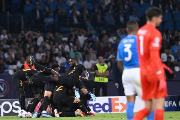 October 3, 2023, NAPOLI, ITALY: Real Madrid™s midfielder Federico Valverde jubilates with his teammate after scoring the goal during UEFA Champions League group stage soccer match at the Diego Armando Maradona stadium in Naples, Italy, 03 October 2023. ANSA CIRO FUSCO UEFA Champions League; Napoli-Real Madrid  - ZUMAa110 20231003_zaf_a110_051 Copyright: xCiroxFuscox