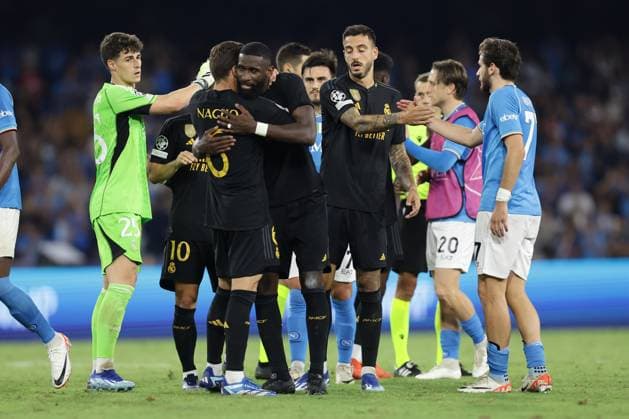 Italy: Serie a football match SSC Napoli vs Real Madrid Real Madrid celebrate victory match after the Uefa champions league match between SSC Napoli vs Real Madrid at the Diego Armando Maradona Stadium in Naples, southern Italy, on October 03, 2023. ABPH4985 Copyright: xAntonioxBalascox