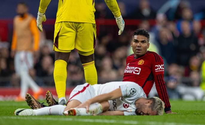 Football - UEFA Champions League - Group A - Manchester United, ManU FC v Galatasaray S.K. MANCHESTER, ENGLAND - Tuesday, October 3, 2023: Manchester United s Carlos Henrique Casimiro reacts after conceding a penalty during the UEFA Champions League Group A match between Manchester United FC and Galatasaray S.K. at Old Trafford. MANCHESTER Old Trafford GREATER MANCHESTER ENGLAND  Copyright: xDavidxRawcliffex P2023-10-03-Man_Utd_Galatasaray-88
