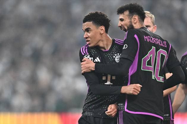 COPENHAGEN, DENMARK - OCTOBER 3: Jamal Musiala of Bayern Munich celebrate with Noussair Mazraoui after scoring goal during the UEFA Champions League match between F.C. Copenhagen and FC Bayern Munchen at Parken Stadium on October 3, 2023 in Copenhagen, D F.C. Copenhagen v FC Bayern Munchen: Group A - UEFA Champions League 2023 24 Copyright: xSebastianxFrejx