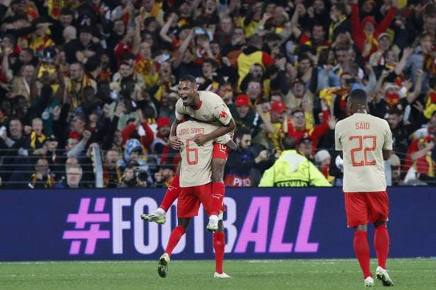 Joie RC Lens - Salis Abdul Samed (RC Lens) - Andy Diouf (RC Lens) - Wesley Said (RC Lens) FOOTBALL : RC Lens Vs Arsenal - Ligue des Champions - 03 10 2023 MichaelBaucher Panoramic 
