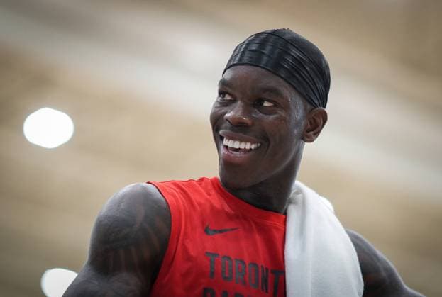 October 3, 2023, BURNABY, BC, CANADA: Toronto Raptors point guard Dennis Schroder smiles as he walks off the court after a practice session during the opening day of the NBA, Basketball Herren, USA basketball team s training camp, in Burnaby, B.C., on Tuesday October 3, 2023. Canada News - October 3, 2023 - ZUMAc35_ 20231003_zaf_c35_164 Copyright: xDarrylxDyckx