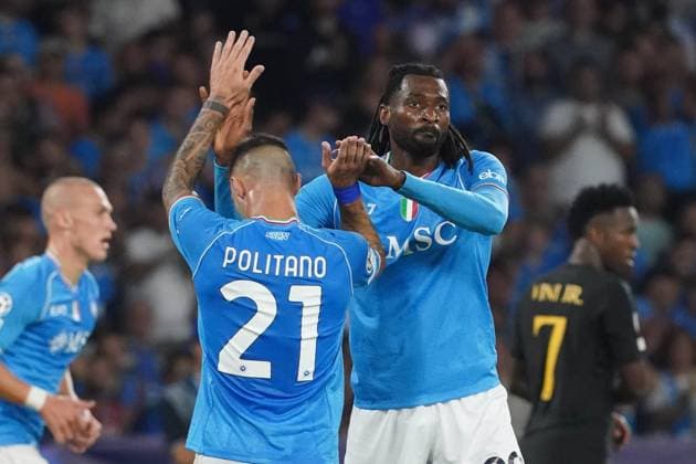 Naples, Italy, October 3rd 2023: Matteo Politano (21 Napoli) and Frank Anguissa (99 Napoli) during the Champions League match between SSC Napoli and Real Madrid CF at Stadio Diego Armando Maradona on October 3, 2023 in Naples, Italy (Foto Mosca SPP) Copyright: xFotoxMoscax xSPPx spp-en-FoMoSp-MSC05487-s