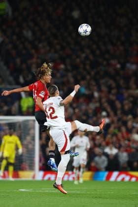 MANCHESTER, ENGLAND - OCTOBER 3: Hannibal Mejbri of Manchester United, ManU (L) AbdÃ¼lkerim BardakcÃ„Â± of Galatasaray S.K.(R) during the UEFA Champions League match between Manchester United and Galatasaray A.S at Old Trafford on October 3, 2023 in Manchester, England. (Photo by Ryan Jenkinson) SPO 