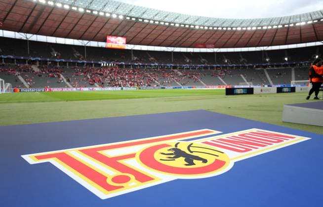 Union Logo at Olympiastadion Sports Venue Overview Sports Football Soccer UEFA Champions League UCL Men 2 Matchday Season 2023 2024 03 10 2023 1 FC Union Berlin FCU vs SC Braga Olympiastadion DFL regulations prohibit any use of photographs as image sequences and or quasi video