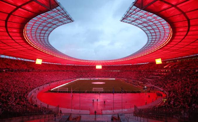 Olympiastadion sports venue overview all in red sports football soccer UEFA Champions League UCL men 2 matchday season 2023 2024 03 10 2023 1 FC Union Berlin FCU vs SC Braga Olympiastadion DFL regulations prohibit any use of photographs as image sequences and or quasi video