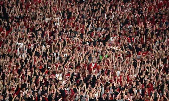 Union fans clap in rhythm Sports Football Soccer UEFA Champions League UCL Men 2 Matchday Season 2023 2024 03 10 2023 1 FC Union Berlin FCU vs SC Braga Olympiastadion DFL regulations prohibit any use of photographs as image sequences and or quasi video