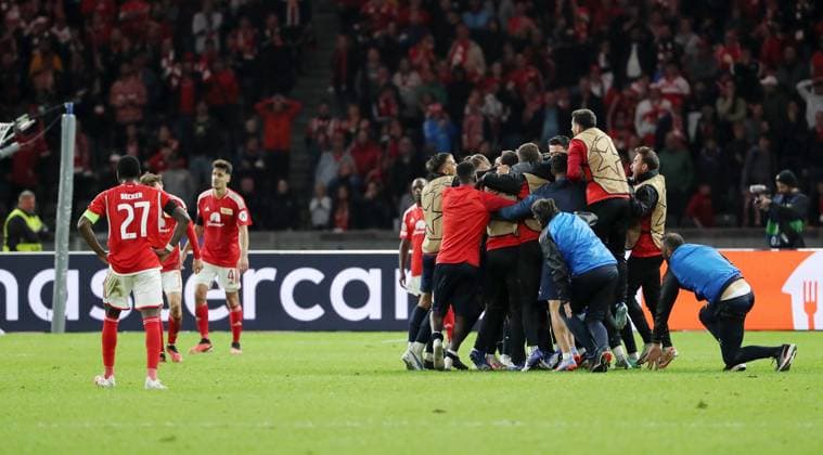 Braga jubilant over winning goal by Andre Castro in 94 minute, li Sheraldo Becker, Diogo Leite disappointed disappointment Sports Football Soccer UEFA Champions League UCL Men 2 Matchday Season 2023 2024 03 10 2023 1 FC Union Berlin FCU vs SC Braga Olympiastadion DFL regulations prohibit any use of photographs as image sequences and or quasi video