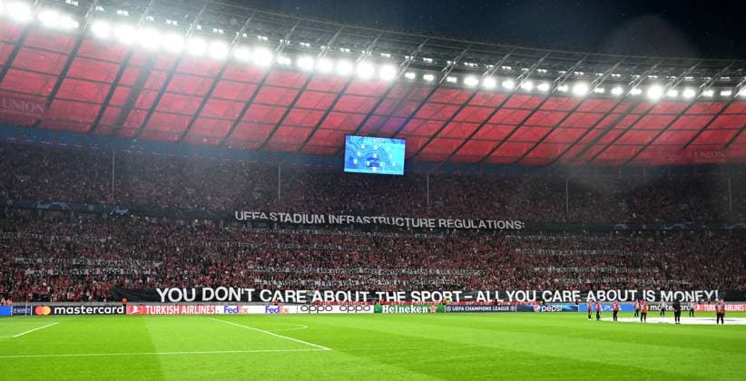 Football, Men, 2023 2024 season, UEFA Champions League Group C, Matchday 2 , 1 FC Union Berlin Sporting Braga 2 3 , Union fans protest UEFA and its specifications for the infrastructure for the Champions League, 03 10 2023, Copyright: xMatthiasxKochx