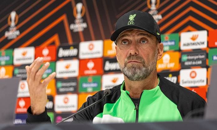 Football - UEFA Europa League - Group E - Liverpool FC v Union SG - MD-1 LIVERPOOL, ENGLAND - Wednesday, October 4, 2023: Liverpool s manager Jürgen Klopp during a press conference, PK, Pressekonferenz at Anfield ahead of the UEFA Europa League Group E matchday 2 game between Liverpool FC and Union SG. LIVERPOOL Anfield MERSEYSIDE ENGLAND  Copyright: xDavidxRawcliffex P2023-10-04-Liverpool_Union_MD-1-8
