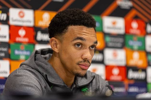 Football - UEFA Europa League - Group E - Liverpool FC v Union SG - MD-1 LIVERPOOL, ENGLAND - Wednesday, October 4, 2023: Liverpool s Trent Alexander-Arnold during a press conference, PK, Pressekonferenz at Anfield ahead of the UEFA Europa League Group E matchday 2 game between Liverpool FC and Union SG. LIVERPOOL Anfield MERSEYSIDE ENGLAND  Copyright: xDavidxRawcliffex P2023-10-04-Liverpool_Union_MD-1-25