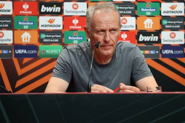 Freiburg, Germany 17 August 2023 Europa League 2023 2024 SC Freiburg press conference matchday conference In the picture coach Christian Streich SC Freiburg at the press conference, PK before football Europa League Europa Park stadium Baden Württemberg Copyright: xFotostandx xHettichx