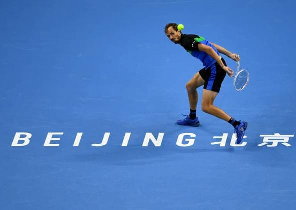 (231004) -- BEIJING, Oct. 4, 2023 -- Russia s Daniil Medvedev competes during the men s singles final between Italy s Jannik Sinner and Russia s Daniil Medvedev at 2023 China Open tennis tournament in Beijing, capital of China, Oct. 4, 2023. ) (SP)CHINA-BEIJING-TENNIS-CHINA OPEN-MEN S SINGLES-FINAL (CN) ZhangxChenlin 