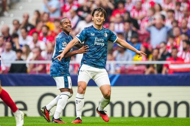 UEFA Champions League: Atletico Madrid v Feyenoord Madrid - Ayase Ueda of Feyenoord celebrates the 0-1 during the 2nd leg of the UEFA Champions League group stage between Atletico Madrid v Feyenoord at Estadio Metropolitano on 4 October 2023 in Madrid, Spain. Copyright: xTomxBodex
