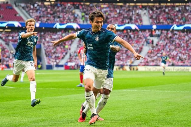 UEFA Champions League: Atletico Madrid v Feyenoord Madrid - Ayase Ueda of Feyenoord celebrates the 0-1 during the 2nd leg of the UEFA Champions League group stage between Atletico Madrid v Feyenoord at Estadio Metropolitano on 4 October 2023 in Madrid, Spain. Copyright: xYannickxVerhoevenx