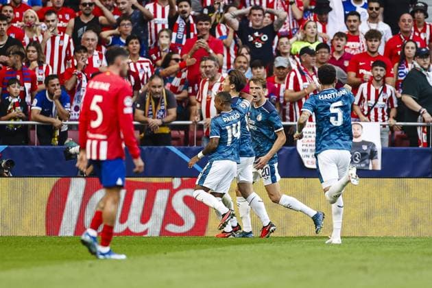 MADRID, 04-10-2023 Stadium Wanda Metropolitano, Champions League Football season 2023 2024 Match between Atletico Madrid and Feyenoord. Feyenoord player Ayase Ueda celebrating the goal. Atletico Madrid - Feyenoord  x22623976x Copyright: