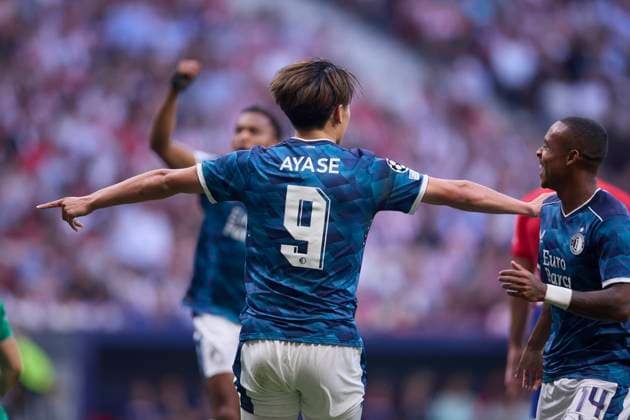 Spain, Madrid, 04 10 2023, Civitas Metropolitano Stadium, Atletico de Madrid v Feyenoord Rotterdam UEFA Champions League match 1st round day 2, Ayase Ueda Feyenoord Rotterdam celebrates after scoring his team˜s first goal Madrid Civitas Metropolitano Stadium Spain  eu-images-071