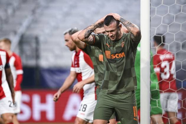 Shakhtar s Oleksandr Zubkov looks dejected during a soccer game between Belgian soccer team Royal Antwerp FC and Ukrainian club Shakhtar Donetsk, on Wednesday 04 October 2023 in Antwerp, on day two of the Champions League group stage, in the group H. TOM GOYVAERTS TomxGoyvaerts  x76282571x