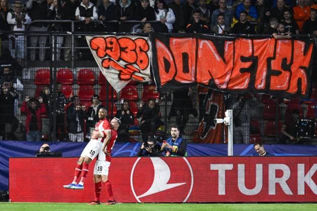Antwerp s Michel Ange Balikwisha celebrates after scoring during a soccer game between Belgian soccer team Royal Antwerp FC and Ukrainian club Shakhtar Donetsk, on Wednesday 04 October 2023 in Antwerp, on day two of the Champions League group stage, in the group H. TOM GOYVAERTS TomxGoyvaerts  x76283637x