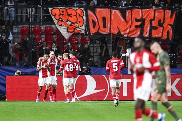 Antwerp s Michel Ange Balikwisha celebrates after scoring during a soccer game between Belgian soccer team Royal Antwerp FC and Ukrainian club Shakhtar Donetsk, on Wednesday 04 October 2023 in Antwerp, on day two of the Champions League group stage, in the group H. TOM GOYVAERTS TomxGoyvaerts  x76283848x