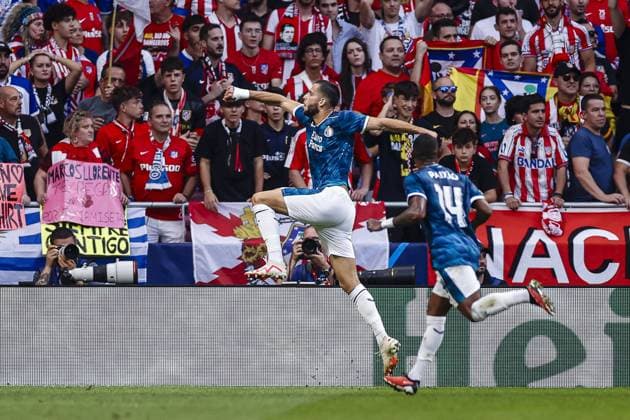 MADRID, 04-10-2023 Stadium Wanda Metropolitano, Champions League Football season 2023 2024 Match between Atletico Madrid and Feyenoord. 33 David Hancko celebrating the goal. 1-2. Atletico Madrid - Feyenoord  x22624234x Copyright: