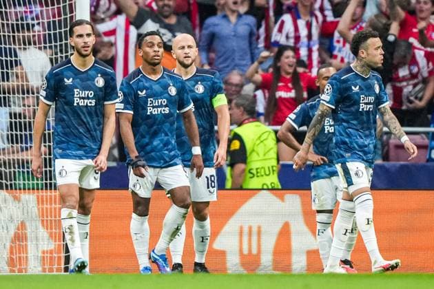 UEFA Champions League: Atletico Madrid v Feyenoord Madrid - Ramiz Zerrouki of Feyenoord reacts to the 2-2 during the 2nd leg of the UEFA Champions League group stage between Atletico Madrid v Feyenoord at Estadio Metropolitano on 4 October 2023 in Madrid, Spain. Copyright: xTomxBodex