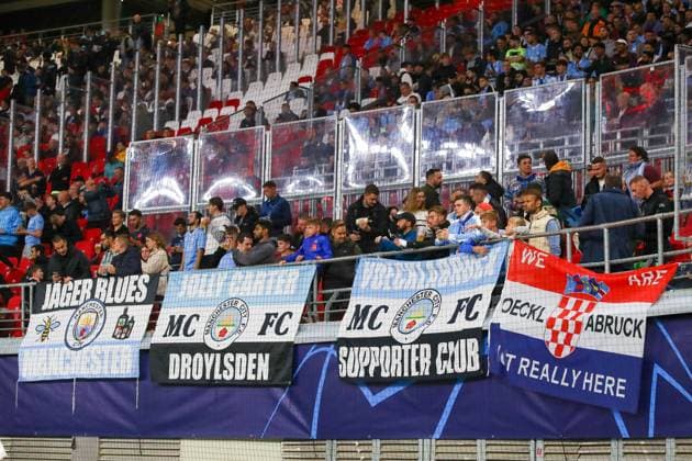 RB Leipzig Manchester City Champions League Leipzig, 04 10 2023, Red Bull Arena, football, men, season 2023 2024, UEFA Champions League, group stage, matchday 2 , RB Leipzig Manchester City , In the picture fans Manchester City ,