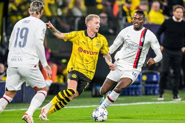 DORTMUND - (l-r) Marco Reus of Borussia Dortmund, Rafael Leao of AC Milan during the UEFA Champions League match between Borussia Dortmund and AC Milan at Signal Iduna Park on October 4, 2023 in Dortmund, Germany. ANP Hollandse Hoogte UEFA Champions League 2023 24 2023 2024 xVIxANPxSportx xGerritxvanxKeulenxIVx 480241102 originalFilename: 480241102.jpg