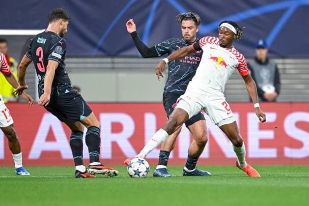 04 10 2023, Football, Champions League, Matchday 2, 2023 2024 season, RB Leipzig Manchester City, Ruben Dias Manchester City , Jack Grealish Manchester City , Mohamed Simakan RB Leipzig xRHR PHOTO TKx Copyright: RHR-FOTOx RHR-FOTO TK