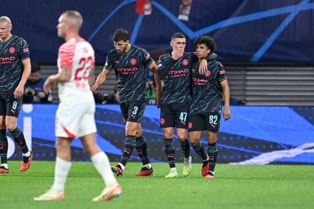 04 10 2023, Football, Champions League, Matchday 2, 2023 2024 season, RB Leipzig Manchester City Ruben Dias Manchester City , Phil Foden Manchester City , Rico Lewis Manchester City xRHR PHOTO TKx Copyright: RHR-FOTOx RHR-FOTO TK