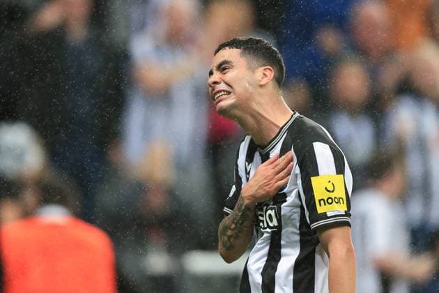 Newcastle United gegen Paris Saint Germain 04. Oktober 2023, Newcastle upon Tyne UEFA Champions™s League Fußball Gruppe F Newcastle United gegen Paris Saint Germain Miguel Almiron von Newcastle United feiert sein erstes Tor Foto von Daniel Chesterton Newcastle upon Tyne UK  Copyright: xDanielxChestertonxOffside