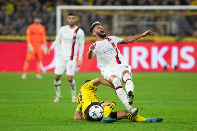 UEFA Champions League, Borussia Dortmund AC Milan, 04 10 2023 Emre Can Borussia Dortmund, 23 in duel with Olivier Giroud AC Milan, 9 , UEFA Champions League, Borussia Dortmund AC Milan, 2 group match, on 4 10 2023, Signal Iduna Park, Dortmund UEFA regulations prohibit any use of photographs as image sequences and or quasi video Copyright: xBEAUTIFULxSPORTS Meuselx