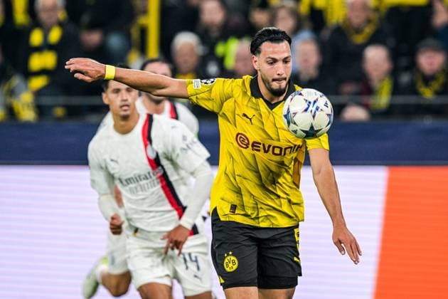 DORTMUND - Ramy Bensebaini of Borussia Dortmund during the UEFA Champions League match between Borussia Dortmund and AC Milan at Signal Iduna Park on October 4, 2023 in Dortmund, Germany. ANP Hollandse Hoogte UEFA Champions League 2023 24 2023 2024 xVIxANPxSportx xGerritxvanxKeulenxIVx 480243157 originalFilename: 480243157.jpg