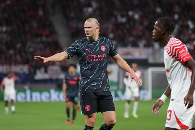 Champions League RB Leipzig vs Manchester City, 04 10 23 Erling Haaland 9, Manchester City Football, UEFA Champions League, 2023 2024 season RB Leipzig vs Manchester City on 04 10 23 at Red Bull Arena, Leipzig DFL REGULATIONS PROHIBIT ANY USE OF PHOTOGRAPHS AS IMAGE SEQUENCES AND OR QUASI VIDEO Copyright: xBEAUTIFULxSPORTS JanxKaeferx