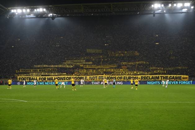 Fan protest of BVB fans on the south stand against UEFA reforms 04 10 2023, Football Champions League, season 2023 2024, preliminary round, 2 match day, Borussia Dortmund AC Milan Dortmund Signal Iduna Park Nordrhein Westfalen Germany Team2