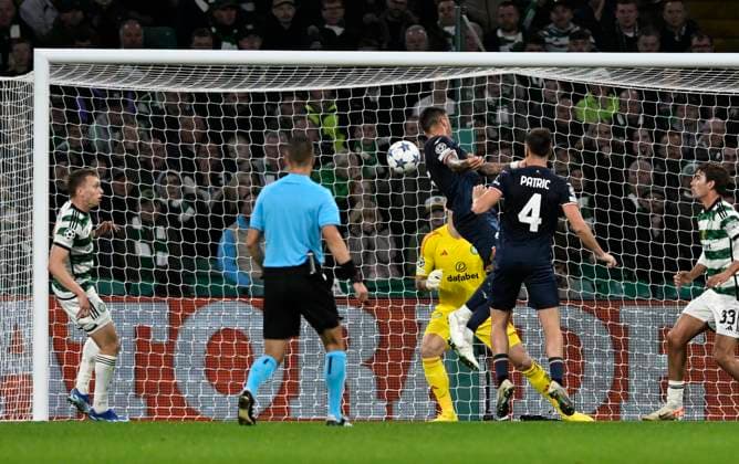 Glasgow, Scotland, 4th October 2023. Mat’as Vecino of Lazio scores his sides equaliser during the UEFA Champions League match at Celtic Park, Glasgow. Picture credit should read: Neil Hanna Sportimage EDITORIAL USE ONLY. No use with unauthorised audio, video, data, fixture lists, club league logos or live services. Online in-match use limited to 120 images, no video emulation. No use in betting, games or single club league player publications. SPI-2620-0008