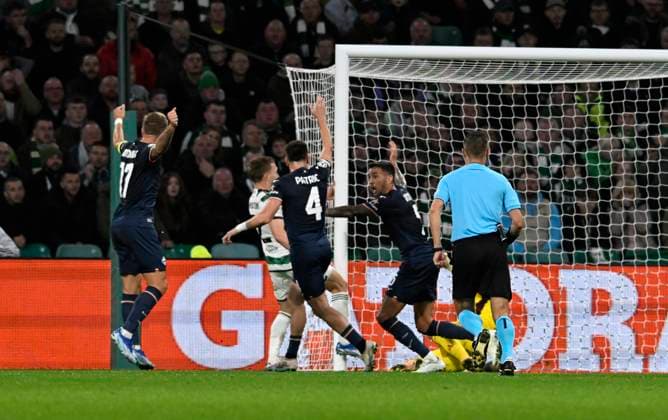 Glasgow, Scotland, 4th October 2023. Mat’as Vecino of Lazio scores his sides equaliser during the UEFA Champions League match at Celtic Park, Glasgow. Picture credit should read: Neil Hanna Sportimage EDITORIAL USE ONLY. No use with unauthorised audio, video, data, fixture lists, club league logos or live services. Online in-match use limited to 120 images, no video emulation. No use in betting, games or single club league player publications. SPI-2620-0010