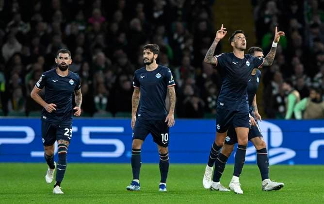 Glasgow, Scotland, 4th October 2023. Mat’as Vecino of Lazio scores his sides equaliser during the UEFA Champions League match at Celtic Park, Glasgow. Picture credit should read: Neil Hanna Sportimage EDITORIAL USE ONLY. No use with unauthorised audio, video, data, fixture lists, club league logos or live services. Online in-match use limited to 120 images, no video emulation. No use in betting, games or single club league player publications. SPI-2620-0014