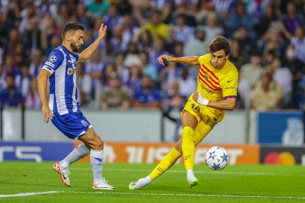 Uefa Champions League, FC Porto vs FC Barcelona, Barca round 2 of 6 Porto, Portugal, October, 4th, 2023,Uefa Champions League, FC Porto vs FC Barcelona, round 2 of 6 at the Estadio do Dragao, FC Barcelona, Joao Felix (R) vs FC Porto, Joao Mario (R), photography by @guelbergoes Porto Portugal