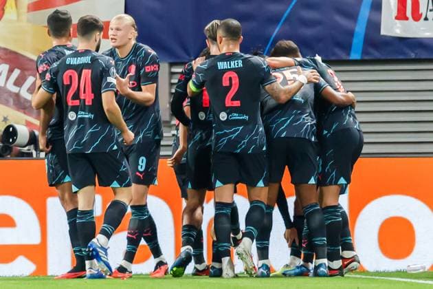 Jubilation, celebrationbei Manchester City FC over the goal, 04 10 2023, Leipzig Germany , soccer, men, UEFA Champions League, RB Leipzig Manchester City FC xprx