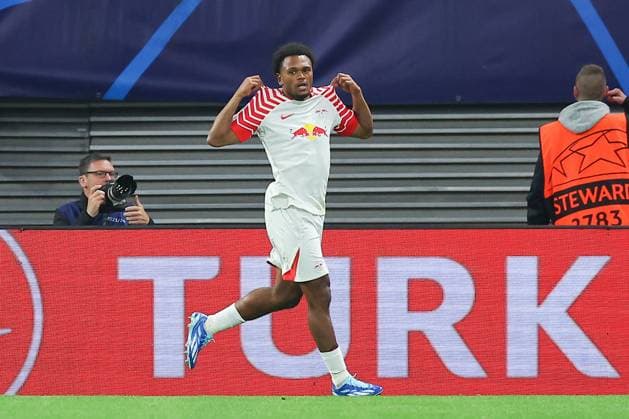 RB Leipzig Manchester City Champions League Leipzig, 04 10 2023, Red Bull Arena, football, men, season 2023 2024, UEFA Champions League, group stage, matchday 2 , RB Leipzig Manchester City , In the picture goal for Leipzig, goal celebration after the 1 1, goal scorer Lois Openda 17, RB Leipzig ,