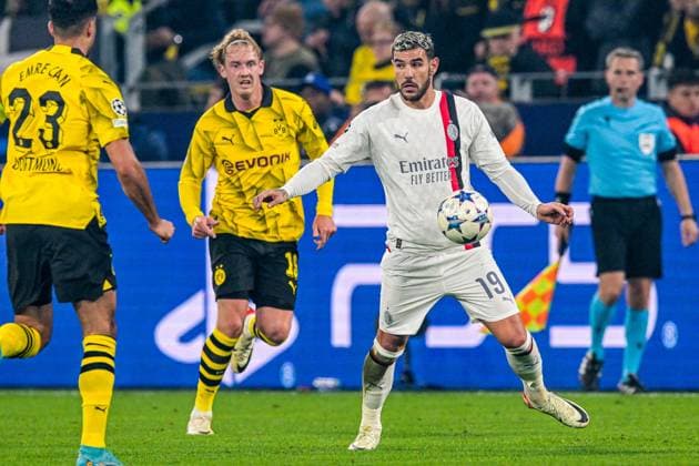 DORTMUND - Theo Hernandez of AC Milan during the UEFA Champions League match between Borussia Dortmund and AC Milan at Signal Iduna Park on October 4, 2023 in Dortmund, Germany. ANP Hollandse Hoogte UEFA Champions League 2023 24 2023 2024 xVIxANPxSportx xGerritxvanxKeulenxIVx 480246505 originalFilename: 480246505.jpg