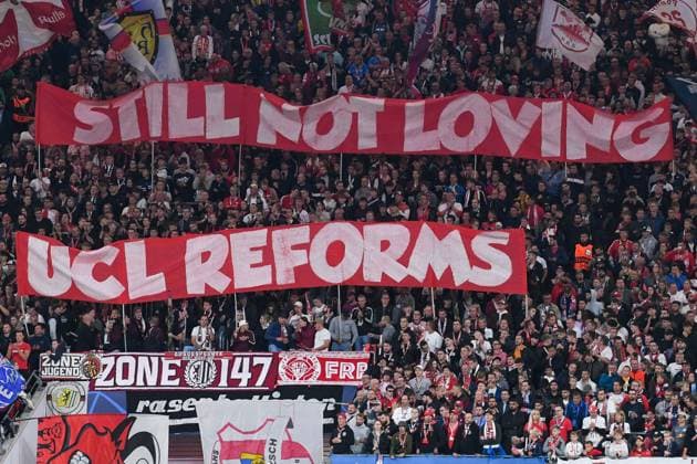 Football, Men, 2023 2024 season, UEFA Champions League Group G, Matchday 2 , RB Leipzig Manchester City, v l The fans of RB Leipzig with a banner Still not loving UCL reforms, 04 10 2023, Copyright: xSebastianxRäppold MatthiasxKochx