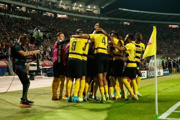 BELGRADE, SERBIA OCTOBER 4 Filip Ugrinic of Young Boys celebrates his goal with teammates during the UEFA Champions League Group Stage Group G match between FK Crvena zvezda and Young Boys at Stadion Rajko Mitic on October 4, 2023 in Belgrade, Serbia Belgrade Stadion Rajko Mitic Serbia Copyright: xJustPictures.ch NikolaxKrsticx jp-en-EuSpIm-_O9R9383 20231004