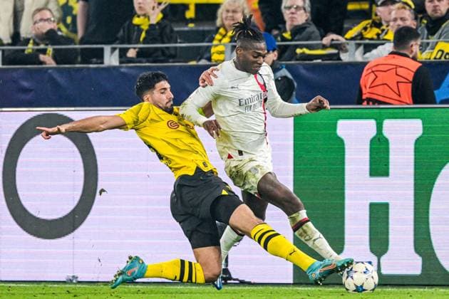 DORTMUND - (l-r) Emre Can of Borussia Dortmund, Rafael Leao of AC Milan during the UEFA Champions League match between Borussia Dortmund and AC Milan at Signal Iduna Park on October 4, 2023 in Dortmund, Germany. ANP Hollandse Hoogte UEFA Champions League 2023 24 2023 2024 xVIxANPxSportx xGerritxvanxKeulenxIVx 480249928 originalFilename: 480249928.jpg