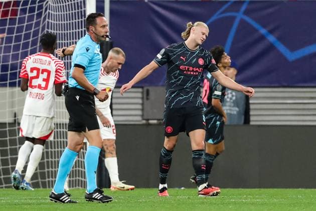 Erling Haaland Manchester City,9 Champions League season 2023 2024 Group G RB Leipzig vs Manchester City at Red Bull Arena in Leipzig action,football,Germany,man,men,04 10 2023